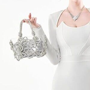 Neiman Marcus Silver Floral Evening Rhinestone Handbag